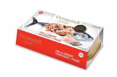 Makanan Kucing Basah Ultimates Tuna with Shredded Chiken Breast & Prawn 85 gram