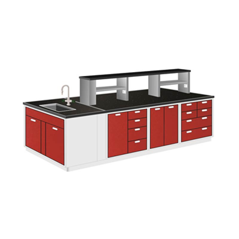 Meja Lab R.Tengah dengan Sink dan Rack / Steel Island Bench with Sink and Rack Granite 300x150x85